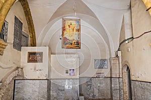 The 9th station of the cross in Via Dolorosa at the entree to the Coptic Orthodox Patriarchate, interiors of St Anthony Coptic