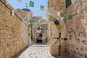 The 9th station of the cross in Via Dolorosa at the entree to the Coptic Orthodox Patriarchate, Old City East Jerusalem, Israel