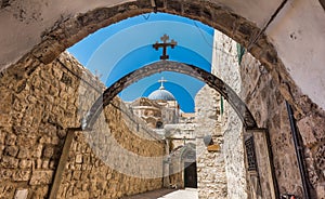 The 9th station of the cross in Via Dolorosa at the entree to the Coptic Orthodox Patriarchate, St. Anthony Coptic Monastery,  in