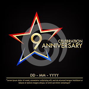 9th years anniversary celebration emblem. anniversary elegance golden logo with red and blue star shape. vector illustration