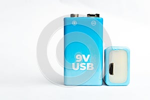 9v usb rechargeable battery on white background