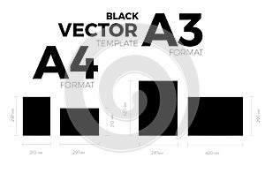 A3 and A4 page format black vector eps10 template. vertical and horizontal orientation