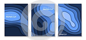 A4 abstract color 3d paper art illustration set. Contrast colors blue. Vector design layout for banners presentations, flyers,