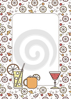 A4 Border frame copy space illustration. Cocktail glasses high ball martini margarita shot Moscow mule mug. For card
