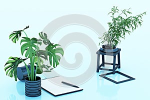 A4 flipped paper with black clipboard, potted plant,