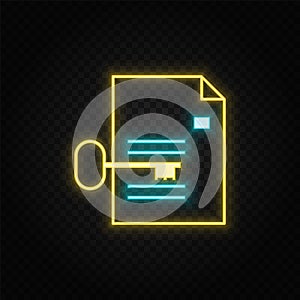 a4, folder, key neon vector icon. Blue and yellow neon vector icon