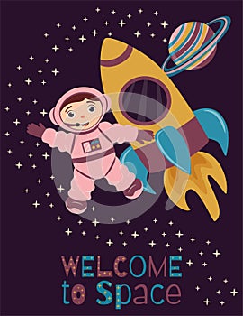 A4 poster with a cute astronaut, rocket and a planet with rings in cartoon style