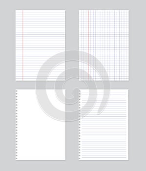 A4 sheet of white lines paper isolated on gray background. Blank sheets design for back to school. Vector illustration