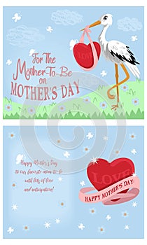 A5 or A6 Greeting Card Template For Mother-to-be on Mother`s Day. Pastel blue and green layouts of front and back side of postcar