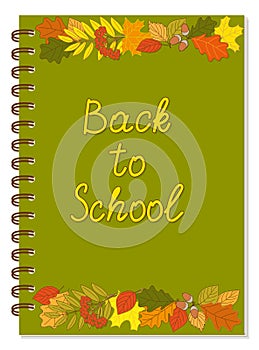 A5 back to school spiral green notebook cover with  autumn foliage pattern