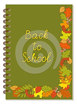 A5 back to school spiral green notebook cover with corner autumn foliage pattern