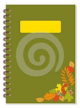 A5 school spiral green notebook cover design with corner autumn foliage