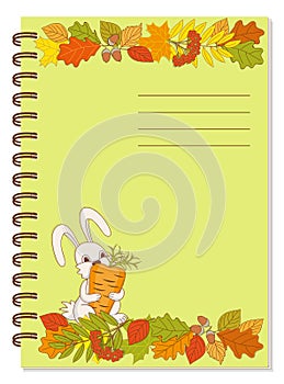 A5 school spiral notebook cover with  autumn foliage pattern and cartoon cute bunny