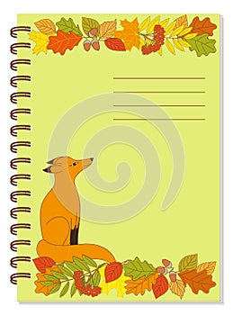 A5 school spiral notebook cover with  autumn foliage pattern and cartoon red fox