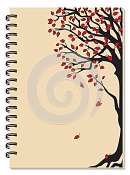 A5 school spiral notebook cover with black tree and red leaves