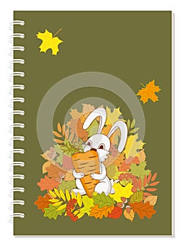 A5 school spiral notebook cover with cartoon cute bunny into autumn foliage