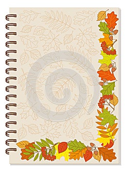 A5 school spiral notebook cover design with corner colorful autumn foliage