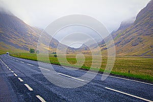 A82 road across Scottish Highlands mountains in Scotland, United Kingdom