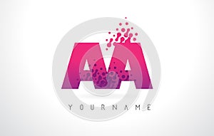 AA A Letter Logo with Pink Purple Color and Particles Dots Design.