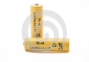 AA size batteries isolated on white background,Ni-Cd betteris 1.2v, selective focus photo