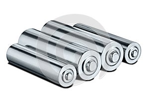 AA size batteries on white isolated background. Concept of renewable energy and sources of electrical power. Pattern for designer