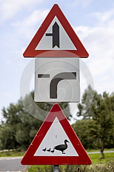 AADORP, NETHERLANDS - Sep 07, 2020: Dutch ducks traffic sign on the side of the road
