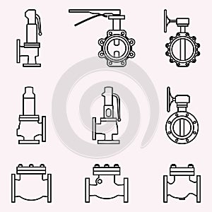 Set of industrial valve icon. Safety, butterfly and check valves. Thin linee vector photo