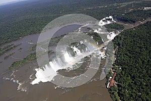 Aaerial view of Iguazu waterfalls from helicopter. Border of Brazil and Argentina.