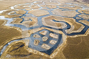 Aaerial view of signs in Engure lake birds nesting area, Latvia