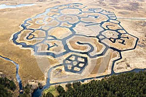 Aaerial view of signs in Engure lake birds nesting area, Latvia