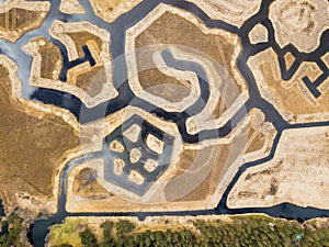 Aaerial view of signs in Engure lake birds nesting area, Latvia