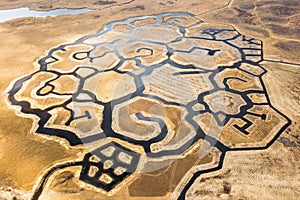 Aaerial view of signs in Engure lake birds nesting area, Latvia