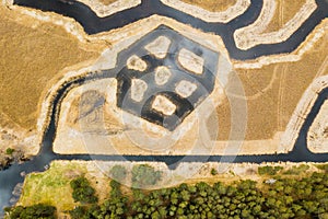 Aaerial view of signs in Engure lake birds nesting area, Latvia