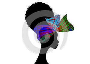 Portrait African woman wears fashion bandana for curly hairstyles. Shenbolen Ankara Headwrap Women. Afro Traditional Headtie Scarf photo
