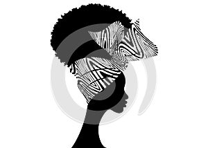 Portrait African woman wears bandana for curly hairstyles. Shenbolen Ankara Headwrap Women. Afro Traditional Headtie Scarf Turban photo
