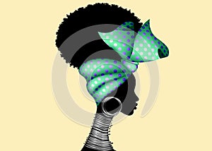 Portrait African woman wears bandana for curly hairstyles. Shenbolen Ankara Headwrap. Afro Traditional Headtie Scarf Turban photo