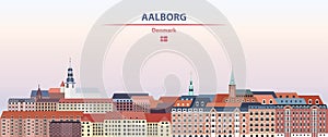 Aalborg cityscape on sunset sky background vector illustration with country and city name and with flag of Denmark