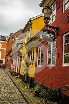 Aalborg, Denmark: Charming quiant streets with colorful traditional danish houses in historic Aalborg old town