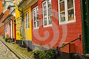 Aalborg, Denmark: Charming quiant streets with colorful traditional danish houses in historic Aalborg old town