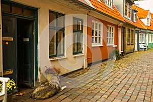 Aalborg, Denmark: Charming quiant streets with colorful traditional danish houses in historic Aalborg old town