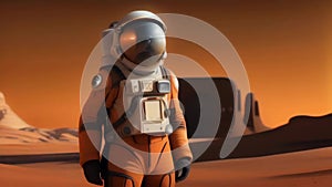 AAn astronaut stands on the surface of the planet Mars. Orange background. Designed for fantasy, futuristic, scientific