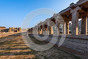 Aancient bazaar street group monuments at Hampi, Karnataka, India