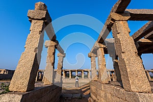 Aancient bazaar street group monuments at Hampi in Karnataka, India