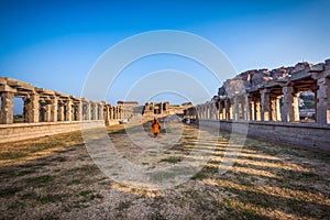 Aancient bazaar street group monuments at Hampi, Karnataka, India