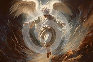 aAngel in white robe soars in the sky. Apostle with white wings looks from heaven AI