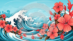 AAPI heritage month. Asian American and Pacific Islander. Bright colorful banner with waves and tropical hibiscus flowers