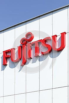 Fujitsu logo on a wall