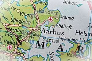 Aarhus, Denmark highlighted on a world map
