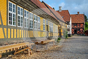 Aarhus, Denmark, 18-07-2021 Medieval houses in the streets of the old town Den Gamle By