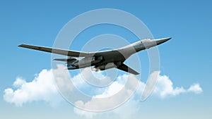 Aarmed military fighter jet in flight on the cloudly sky background. 3d render